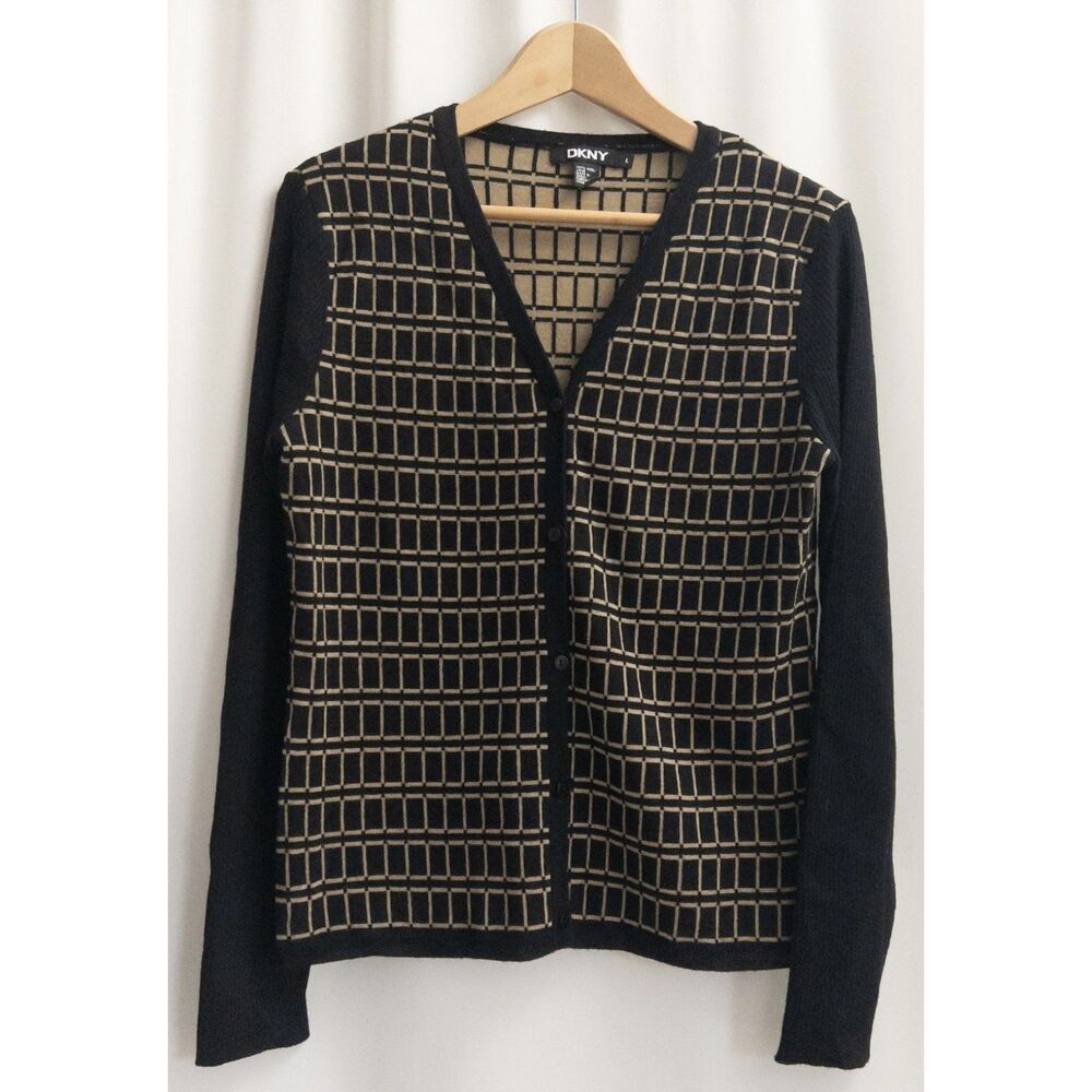 DKNY Black and tan/beige windowpane grid pattern; solid black sleeves | Sz L